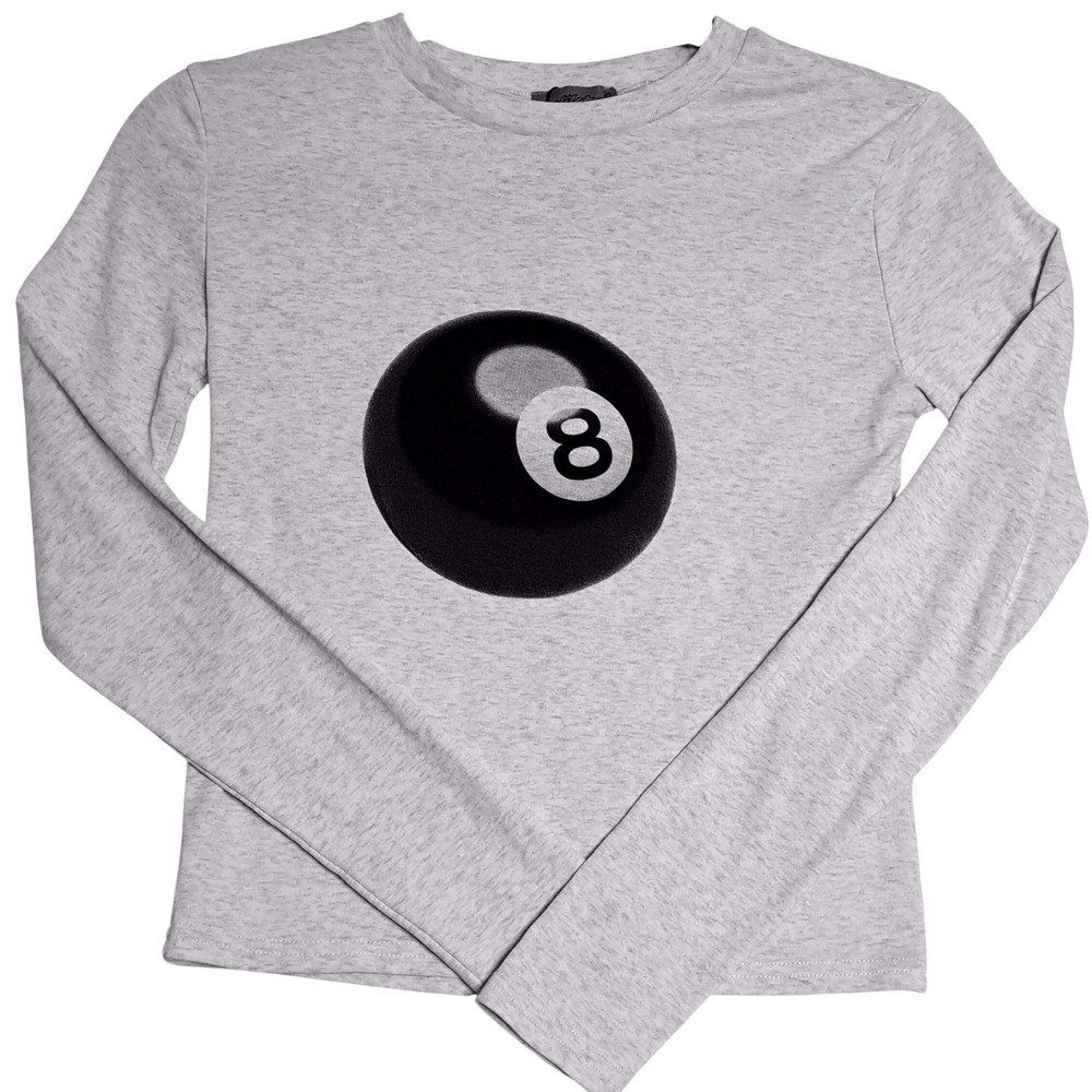 Edikted 8 Ball Graphic Long Sleeve Tee Womens XS Gray Heather Streetwear Skater